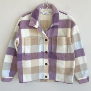 DSG Girls Plaid Button Down Shirt Jacket Shacket Purple Ivory Size L Cozy Warm